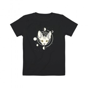 Детская футболка хлопок с принтом Кот с Лунами в Новосибирске, 100% хлопок | круглый вырез горловины, полуприлегающий силуэт, длина до линии бедер | Тематика изображения на принте: астрология | астрономия | космос | кот | котики | коты | луна | луны | сфинкс