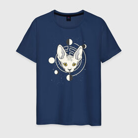 Мужская футболка хлопок с принтом Кот с Лунами в Новосибирске, 100% хлопок | прямой крой, круглый вырез горловины, длина до линии бедер, слегка спущенное плечо. | астрология | астрономия | космос | кот | котики | коты | луна | луны | сфинкс