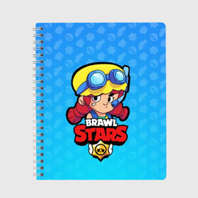 Тетрадь с принтом Jessie - BRAWL STARS в Новосибирске, 100% бумага | 48 листов, плотность листов — 60 г/м2, плотность картонной обложки — 250 г/м2. Листы скреплены сбоку удобной пружинной спиралью. Уголки страниц и обложки скругленные. Цвет линий — светло-серый
 | brawl | bull | colt | crow | el primo | game | games | jessie | leon | moba | online | penny | poco | shelly | spike | star | stars | wanted | брав | бравл | браво | звезда | звезды | игра | игры | лого | моба | онлайн | старс