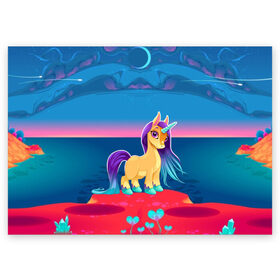Поздравительная открытка с принтом Милый единорог в Новосибирске, 100% бумага | плотность бумаги 280 г/м2, матовая, на обратной стороне линовка и место для марки
 | pony | грива | девочка | единорог | конь | копыта | красивая | лошадка | лошадь | милая | пони | природа закат | радуга