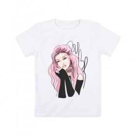 Детская футболка хлопок с принтом Очаровательная милая девушка с розовыми волосами в Новосибирске, 100% хлопок | круглый вырез горловины, полуприлегающий силуэт, длина до линии бедер | блестками | волосами | восхитительная | девушка | иллюстрация | красивая | мечтательная | милая | рисунок | розовый | розовыми | руки | украшения | украшениями | фэшн