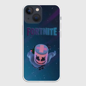 Чехол для iPhone 13 mini с принтом Fortnite x Marshmello (Smail). в Новосибирске,  |  | 3d | fortnite | marshmello | smail | абстракция | дизайн | звезды | игра | искусство | космос | маршмеллоу | надпись | смайл | стиль | текстура | эмблема