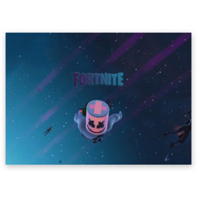 Поздравительная открытка с принтом Fortnite x Marshmello (Smail). в Новосибирске, 100% бумага | плотность бумаги 280 г/м2, матовая, на обратной стороне линовка и место для марки
 | Тематика изображения на принте: 3d | fortnite | marshmello | smail | абстракция | дизайн | звезды | игра | искусство | космос | маршмеллоу | надпись | смайл | стиль | текстура | эмблема