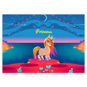 Поздравительная открытка с принтом Милый единорог в Новосибирске, 100% бумага | плотность бумаги 280 г/м2, матовая, на обратной стороне линовка и место для марки
 | pony | грива | девочка | единорог | конь | копыта | красивая | лошадка | лошадь | милая | пони | природа закат | радуга
