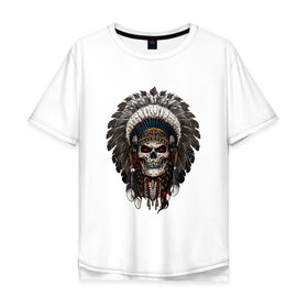 Мужская футболка хлопок Oversize с принтом Череп индеец в Новосибирске, 100% хлопок | свободный крой, круглый ворот, “спинка” длиннее передней части | америка | воин | иллюстрация | индеец | нативный американец | перья | череп