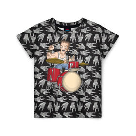 Детская футболка 3D с принтом Барабанщик в Новосибирске, 100% гипоаллергенный полиэфир | прямой крой, круглый вырез горловины, длина до линии бедер, чуть спущенное плечо, ткань немного тянется | punk | rock | коза | металл | музыка | музыкант | неформал | неформальная | пальцы | панк | панки | рок | тяжелая