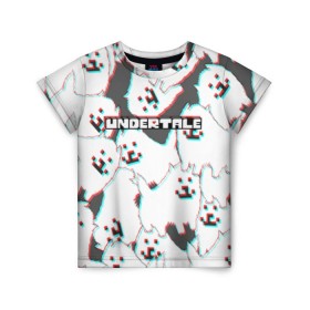 Детская футболка 3D с принтом Undertale (Надоедливый пёс). в Новосибирске, 100% гипоаллергенный полиэфир | прямой крой, круглый вырез горловины, длина до линии бедер, чуть спущенное плечо, ткань немного тянется | 3d | glitch | pixel | undertale | андертейл | без глаз | глитч | игра | надоедливая собака | надоедливый пес | надпись | пиксель | пикселя | подземная история | текстура