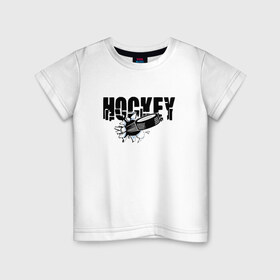 Детская футболка хлопок с принтом Hockey в Новосибирске, 100% хлопок | круглый вырез горловины, полуприлегающий силуэт, длина до линии бедер | Тематика изображения на принте: бросок | вратарь | канада | клюшка | лед | надпись | нападающий | россия | спорт | удар | хоккеист | хоккей | шайба | я люблю хоккей