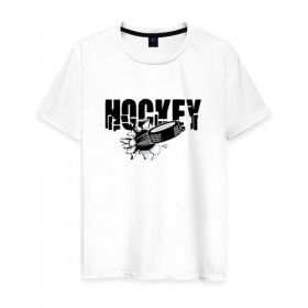 Мужская футболка хлопок с принтом Hockey в Новосибирске, 100% хлопок | прямой крой, круглый вырез горловины, длина до линии бедер, слегка спущенное плечо. | Тематика изображения на принте: бросок | вратарь | канада | клюшка | лед | надпись | нападающий | россия | спорт | удар | хоккеист | хоккей | шайба | я люблю хоккей