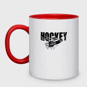 Кружка двухцветная с принтом Hockey в Новосибирске, керамика | объем — 330 мл, диаметр — 80 мм. Цветная ручка и кайма сверху, в некоторых цветах — вся внутренняя часть | бросок | вратарь | канада | клюшка | лед | надпись | нападающий | россия | спорт | удар | хоккеист | хоккей | шайба | я люблю хоккей