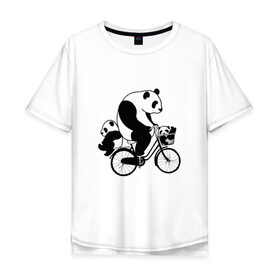 Мужская футболка хлопок Oversize с принтом Панда на велике в Новосибирске, 100% хлопок | свободный крой, круглый ворот, “спинка” длиннее передней части | Тематика изображения на принте: велосипед | детеныши панды | животные | медведи | панда | панда катается | панда на велике | три панды | черно белые
