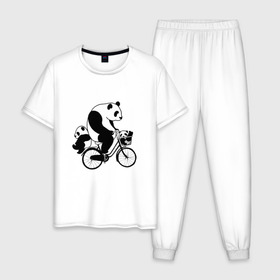 Мужская пижама хлопок с принтом Панда на велике в Новосибирске, 100% хлопок | брюки и футболка прямого кроя, без карманов, на брюках мягкая резинка на поясе и по низу штанин
 | велосипед | детеныши панды | животные | медведи | панда | панда катается | панда на велике | три панды | черно белые