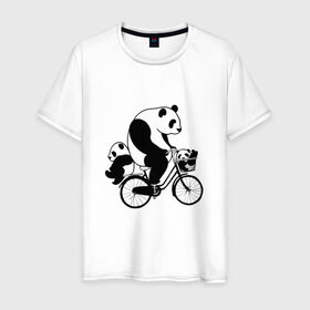 Мужская футболка хлопок с принтом Панда на велике в Новосибирске, 100% хлопок | прямой крой, круглый вырез горловины, длина до линии бедер, слегка спущенное плечо. | Тематика изображения на принте: велосипед | детеныши панды | животные | медведи | панда | панда катается | панда на велике | три панды | черно белые