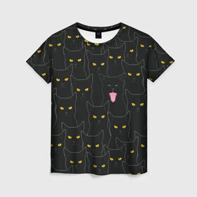 Женская футболка 3D с принтом Чёрные коты в Новосибирске, 100% полиэфир ( синтетическое хлопкоподобное полотно) | прямой крой, круглый вырез горловины, длина до линии бедер | Тематика изображения на принте: black | cat | eyes | halloween | kitten | look | magic | muzzle | mysticism | witch | witchcraft | yellow | ведьма | взгляд | глаза | желтый | колдовство | кот | котёнок | котик | кошачья | магия | мистика | хэллоуин | черный