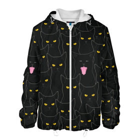 Мужская куртка 3D с принтом Чёрные коты в Новосибирске, ткань верха — 100% полиэстер, подклад — флис | прямой крой, подол и капюшон оформлены резинкой с фиксаторами, два кармана без застежек по бокам, один большой потайной карман на груди. Карман на груди застегивается на липучку | black | cat | eyes | halloween | kitten | look | magic | muzzle | mysticism | witch | witchcraft | yellow | ведьма | взгляд | глаза | желтый | колдовство | кот | котёнок | котик | кошачья | магия | мистика | хэллоуин | черный