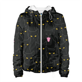 Женская куртка 3D с принтом Чёрные коты в Новосибирске, ткань верха — 100% полиэстер, подклад — флис | прямой крой, подол и капюшон оформлены резинкой с фиксаторами, два кармана без застежек по бокам, один большой потайной карман на груди. Карман на груди застегивается на липучку | Тематика изображения на принте: black | cat | eyes | halloween | kitten | look | magic | muzzle | mysticism | witch | witchcraft | yellow | ведьма | взгляд | глаза | желтый | колдовство | кот | котёнок | котик | кошачья | магия | мистика | хэллоуин | черный