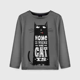 Детский лонгслив 3D с принтом Дом там, где твой кот в Новосибирске, 100% полиэстер | длинные рукава, круглый вырез горловины, полуприлегающий силуэт
 | Тематика изображения на принте: black | cat | cool | gray | kitten | motto | muzzle | slogan | text | white | белый | девиз | кот | котёнок | котик | кошачья | лозунг | прикольный | серый | текст | черный