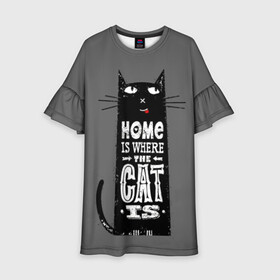 Детское платье 3D с принтом Дом там, где твой кот в Новосибирске, 100% полиэстер | прямой силуэт, чуть расширенный к низу. Круглая горловина, на рукавах — воланы | black | cat | cool | gray | kitten | motto | muzzle | slogan | text | white | белый | девиз | кот | котёнок | котик | кошачья | лозунг | прикольный | серый | текст | черный
