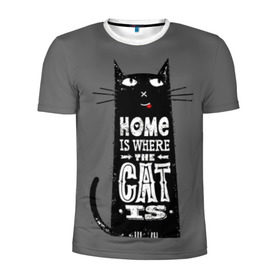 Мужская футболка 3D спортивная с принтом Дом там, где твой кот в Новосибирске, 100% полиэстер с улучшенными характеристиками | приталенный силуэт, круглая горловина, широкие плечи, сужается к линии бедра | black | cat | cool | gray | kitten | motto | muzzle | slogan | text | white | белый | девиз | кот | котёнок | котик | кошачья | лозунг | прикольный | серый | текст | черный