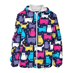 Мужская куртка 3D с принтом Разноцветные котики в Новосибирске, ткань верха — 100% полиэстер, подклад — флис | прямой крой, подол и капюшон оформлены резинкой с фиксаторами, два кармана без застежек по бокам, один большой потайной карман на груди. Карман на груди застегивается на липучку | blue | cat | colorful | cool | dots | kitten | paws | pink | tail | torso | white | yellow | белый | желтый | кот | котёнок | котик | котэ | кошка | лапы | прикольный | разноцветный | розовый | синий | точки | туловище | хвост