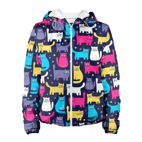 Женская куртка 3D с принтом Разноцветные котики в Новосибирске, ткань верха — 100% полиэстер, подклад — флис | прямой крой, подол и капюшон оформлены резинкой с фиксаторами, два кармана без застежек по бокам, один большой потайной карман на груди. Карман на груди застегивается на липучку | blue | cat | colorful | cool | dots | kitten | paws | pink | tail | torso | white | yellow | белый | желтый | кот | котёнок | котик | котэ | кошка | лапы | прикольный | разноцветный | розовый | синий | точки | туловище | хвост
