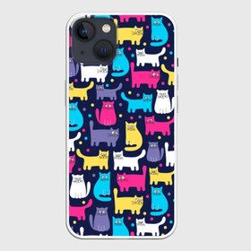 Чехол для iPhone 13 с принтом Разноцветные котики в Новосибирске,  |  | blue | cat | colorful | cool | dots | kitten | paws | pink | tail | torso | white | yellow | белый | желтый | кот | котёнок | котик | котэ | кошка | лапы | прикольный | разноцветный | розовый | синий | точки | туловище | хвост