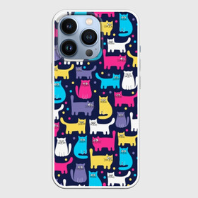 Чехол для iPhone 13 Pro с принтом Разноцветные котики в Новосибирске,  |  | blue | cat | colorful | cool | dots | kitten | paws | pink | tail | torso | white | yellow | белый | желтый | кот | котёнок | котик | котэ | кошка | лапы | прикольный | разноцветный | розовый | синий | точки | туловище | хвост
