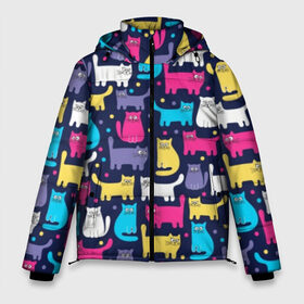 Мужская зимняя куртка 3D с принтом Разноцветные котики в Новосибирске, верх — 100% полиэстер; подкладка — 100% полиэстер; утеплитель — 100% полиэстер | длина ниже бедра, свободный силуэт Оверсайз. Есть воротник-стойка, отстегивающийся капюшон и ветрозащитная планка. 

Боковые карманы с листочкой на кнопках и внутренний карман на молнии. | blue | cat | colorful | cool | dots | kitten | paws | pink | tail | torso | white | yellow | белый | желтый | кот | котёнок | котик | котэ | кошка | лапы | прикольный | разноцветный | розовый | синий | точки | туловище | хвост
