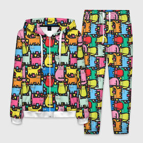 Мужской костюм 3D с принтом Разноцветные котики в Новосибирске, 100% полиэстер | Манжеты и пояс оформлены тканевой резинкой, двухслойный капюшон со шнурком для регулировки, карманы спереди | Тематика изображения на принте: blue | cat | cool | green | heart | kitten | multi colored | paws | pink | points | red | tail | torso | white | yellow | белый | желтый | зеленый | кот | котёнок | котик | котэ | кошка | красный | лапы | прикольный | разноцветный | розовый | се