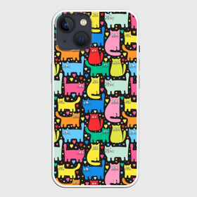 Чехол для iPhone 13 с принтом Разноцветные котики в Новосибирске,  |  | blue | cat | cool | green | heart | kitten | multi colored | paws | pink | points | red | tail | torso | white | yellow | белый | желтый | зеленый | кот | котёнок | котик | котэ | кошка | красный | лапы | прикольный | разноцветный | розовый | се