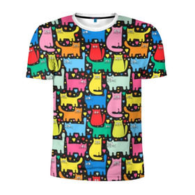 Мужская футболка 3D спортивная с принтом Разноцветные котики в Новосибирске, 100% полиэстер с улучшенными характеристиками | приталенный силуэт, круглая горловина, широкие плечи, сужается к линии бедра | Тематика изображения на принте: blue | cat | cool | green | heart | kitten | multi colored | paws | pink | points | red | tail | torso | white | yellow | белый | желтый | зеленый | кот | котёнок | котик | котэ | кошка | красный | лапы | прикольный | разноцветный | розовый | се