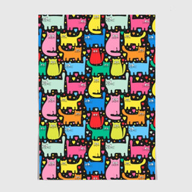 Постер с принтом Разноцветные котики в Новосибирске, 100% бумага
 | бумага, плотность 150 мг. Матовая, но за счет высокого коэффициента гладкости имеет небольшой блеск и дает на свету блики, но в отличии от глянцевой бумаги не покрыта лаком | blue | cat | cool | green | heart | kitten | multi colored | paws | pink | points | red | tail | torso | white | yellow | белый | желтый | зеленый | кот | котёнок | котик | котэ | кошка | красный | лапы | прикольный | разноцветный | розовый | се