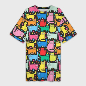 Платье-футболка 3D с принтом Разноцветные котики в Новосибирске,  |  | blue | cat | cool | green | heart | kitten | multi colored | paws | pink | points | red | tail | torso | white | yellow | белый | желтый | зеленый | кот | котёнок | котик | котэ | кошка | красный | лапы | прикольный | разноцветный | розовый | се