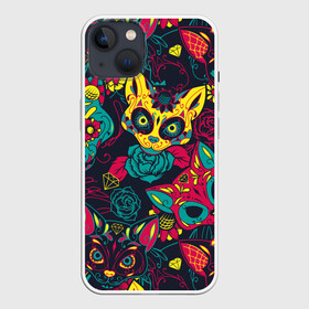 Чехол для iPhone 13 с принтом Кошачий День Мёртвых в Новосибирске,  |  | black | bright | cat | cool | ethnic | funny | holiday | kitten | kitty | mask | mexico | national | red | rose | turquo | yellow | бирюзовый | желтый | киса | кот | котёнок | котэ | кошка | красный | крутой | маска | мексика | национальный | праз