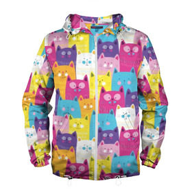 Мужская ветровка 3D с принтом Разноцветные котики в Новосибирске, 100% полиэстер | подол и капюшон оформлены резинкой с фиксаторами, два кармана без застежек по бокам, один потайной карман на груди | Тематика изображения на принте: blue | cat | colorful | cool | cute | funny | kitten | orange | paws | pink | purple | smile | tail | torso | white | yellow | белый | желтый | забавный | кот | котёнок | котик | котэ | кошка | лапы | милый | оранжевый | прикольный | разноцветны