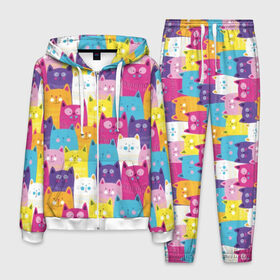 Мужской костюм 3D с принтом Разноцветные котики в Новосибирске, 100% полиэстер | Манжеты и пояс оформлены тканевой резинкой, двухслойный капюшон со шнурком для регулировки, карманы спереди | blue | cat | colorful | cool | cute | funny | kitten | orange | paws | pink | purple | smile | tail | torso | white | yellow | белый | желтый | забавный | кот | котёнок | котик | котэ | кошка | лапы | милый | оранжевый | прикольный | разноцветны