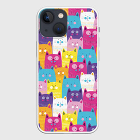 Чехол для iPhone 13 mini с принтом Разноцветные котики в Новосибирске,  |  | blue | cat | colorful | cool | cute | funny | kitten | orange | paws | pink | purple | smile | tail | torso | white | yellow | белый | желтый | забавный | кот | котёнок | котик | котэ | кошка | лапы | милый | оранжевый | прикольный | разноцветны