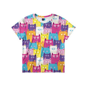 Детская футболка 3D с принтом Разноцветные котики в Новосибирске, 100% гипоаллергенный полиэфир | прямой крой, круглый вырез горловины, длина до линии бедер, чуть спущенное плечо, ткань немного тянется | Тематика изображения на принте: blue | cat | colorful | cool | cute | funny | kitten | orange | paws | pink | purple | smile | tail | torso | white | yellow | белый | желтый | забавный | кот | котёнок | котик | котэ | кошка | лапы | милый | оранжевый | прикольный | разноцветны