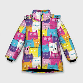 Зимняя куртка для девочек 3D с принтом Разноцветные котики в Новосибирске, ткань верха — 100% полиэстер; подклад — 100% полиэстер, утеплитель — 100% полиэстер. | длина ниже бедра, удлиненная спинка, воротник стойка и отстегивающийся капюшон. Есть боковые карманы с листочкой на кнопках, утяжки по низу изделия и внутренний карман на молнии. 

Предусмотрены светоотражающий принт на спинке, радужный светоотражающий элемент на пуллере молнии и на резинке для утяжки. | Тематика изображения на принте: blue | cat | colorful | cool | cute | funny | kitten | orange | paws | pink | purple | smile | tail | torso | white | yellow | белый | желтый | забавный | кот | котёнок | котик | котэ | кошка | лапы | милый | оранжевый | прикольный | разноцветны
