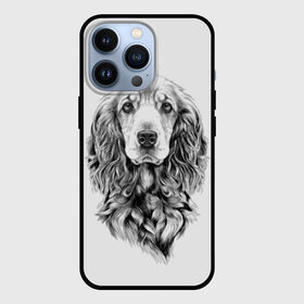 Чехол для iPhone 13 Pro с принтом Кокер спаниель в Новосибирске,  |  | Тематика изображения на принте: animal | black | breed | cocker spaniel | cool | dog | eyes | interesting | look | muzzle | white | wool | белый | взгляд | глаза | животное | интересный | кокер спаниель | пёс | порода | прикольный | псина | собака | собакен | черный | шерсть