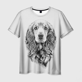 Мужская футболка 3D с принтом Кокер спаниель в Новосибирске, 100% полиэфир | прямой крой, круглый вырез горловины, длина до линии бедер | animal | black | breed | cocker spaniel | cool | dog | eyes | interesting | look | muzzle | white | wool | белый | взгляд | глаза | животное | интересный | кокер спаниель | пёс | порода | прикольный | псина | собака | собакен | черный | шерсть
