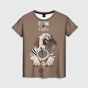 Женская футболка 3D с принтом It`s time for coffee в Новосибирске, 100% полиэфир ( синтетическое хлопкоподобное полотно) | прямой крой, круглый вырез горловины, длина до линии бедер | attractive face | breed | chocolate | coffee | cream | cute | dog | glance | motto | paws | pug | slogan | text | взгляд | девиз | кофе | кремовый | лапы | милый | мопс | пёс | порода | слоган | собака | текст | шоколадный