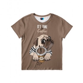 Детская футболка 3D с принтом It`s time for coffee в Новосибирске, 100% гипоаллергенный полиэфир | прямой крой, круглый вырез горловины, длина до линии бедер, чуть спущенное плечо, ткань немного тянется | Тематика изображения на принте: attractive face | breed | chocolate | coffee | cream | cute | dog | glance | motto | paws | pug | slogan | text | взгляд | девиз | кофе | кремовый | лапы | милый | мопс | пёс | порода | слоган | собака | текст | шоколадный