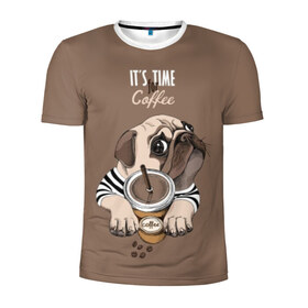 Мужская футболка 3D спортивная с принтом It`s time for coffee в Новосибирске, 100% полиэстер с улучшенными характеристиками | приталенный силуэт, круглая горловина, широкие плечи, сужается к линии бедра | attractive face | breed | chocolate | coffee | cream | cute | dog | glance | motto | paws | pug | slogan | text | взгляд | девиз | кофе | кремовый | лапы | милый | мопс | пёс | порода | слоган | собака | текст | шоколадный