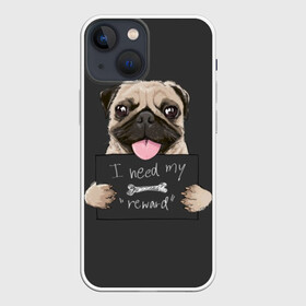 Чехол для iPhone 13 mini с принтом I need my “reward” в Новосибирске,  |  | animal | breed | dog | eyes | funny | gray | look | muzzle | pug | slogan | text | взгляд | глаза | животное | забавный | мопс | порода | серый | слоган | собака | текст