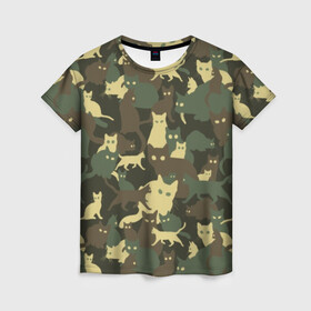 Женская футболка 3D с принтом Кошачий камуфляж в Новосибирске, 100% полиэфир ( синтетическое хлопкоподобное полотно) | прямой крой, круглый вырез горловины, длина до линии бедер | Тематика изображения на принте: animal | camouflage | cat | funny | green | khaki | marsh | silhouette | болотный | животное | забавный | зеленый | камуфляж | кот | котик | силуэт | хаки