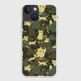 Чехол для iPhone 13 mini с принтом Кошачий камуфляж в Новосибирске,  |  | Тематика изображения на принте: animal | camouflage | cat | funny | green | khaki | marsh | silhouette | болотный | животное | забавный | зеленый | камуфляж | кот | котик | силуэт | хаки