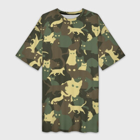 Платье-футболка 3D с принтом Кошачий камуфляж в Новосибирске,  |  | animal | camouflage | cat | funny | green | khaki | marsh | silhouette | болотный | животное | забавный | зеленый | камуфляж | кот | котик | силуэт | хаки