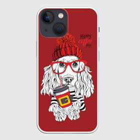 Чехол для iPhone 13 mini с принтом Happy coffee day в Новосибирске,  |  | animal | breed | coffee | coffee lover | dog | hat | red | slogan | spaniel | text | white | белый | животное | кофе | кофеман | красный | очки | порода | слоган | собака | спаниель | текст | шапка