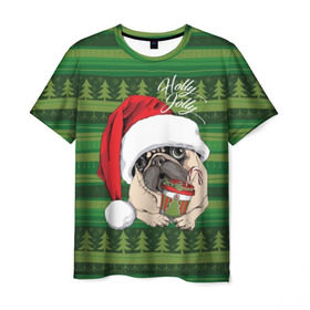 Мужская футболка 3D с принтом Holly Jolly в Новосибирске, 100% полиэфир | прямой крой, круглый вырез горловины, длина до линии бедер | animal | breed | christmas | cozy | dog | family | green | holiday | home | new year | pug | red | tree | white | winter | белый | домашний | ёлки | животное | зеленый | зима | красный | мопс | новый год | порода | праздник | рождество | семейный | собака